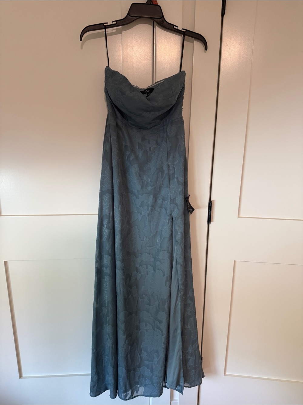 Lulu's Slate Blue Strapless Floral Jacquard Maxi Dress
